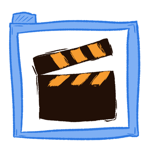 A messy drawing of a black clapboard with orange stripes inside of a transparent blue folder.